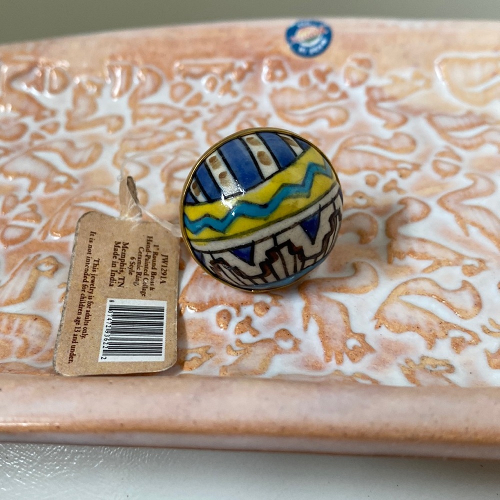BNWT adjustable hand painted Southwestern motif ceramic ring by Creative Co-Op